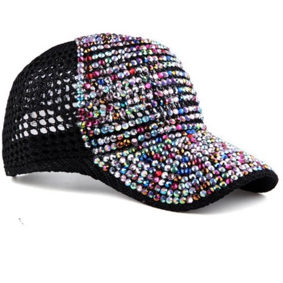 C0485 Black Rhinestone Bling Sparkle Mesh Hat Cap - Picture 4 of 5